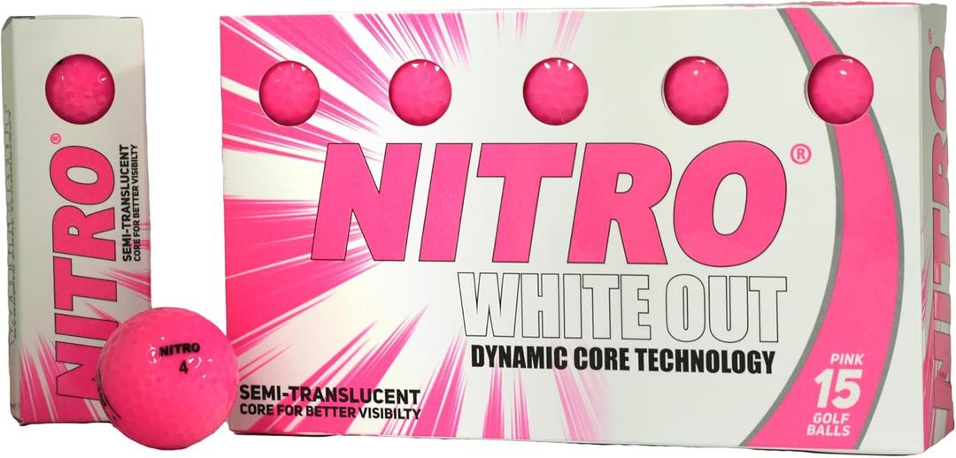Nitro Long Distance Peak Performance Golf Balls (15PK) All Levels White Out 70 Compression High Velocity White Hot Core Long Distance Golf Balls USGA Approved-Total of 15-Hot Pink (43.81 millimeters)