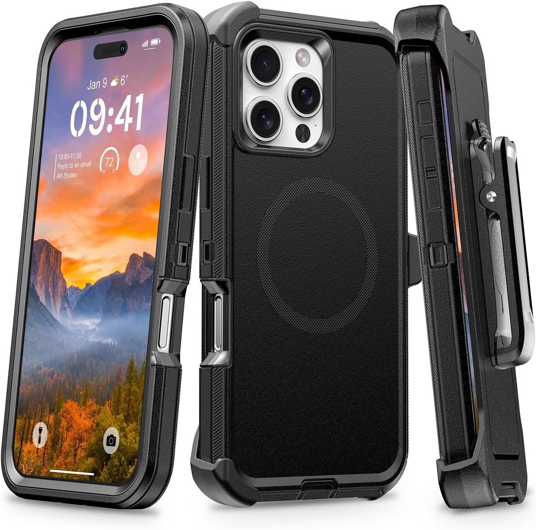 for iPhone 16 Pro Max Case with Belt Clip Holster, Anti-Shock, Anti-Slip, Compatible with MagSafe, 3-Layer Drop Protection, Heavy Duty Magnetic Phone Case Cover for 16 Pro Max, 6.9", Black
