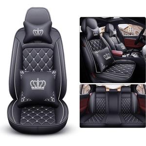 Full Set Car Seat Covers, Crown PU Leather Car Seat Cover Full Surround, Comfortable Automotive Vehicle Cushion Cover Fit for Most 5 Seats Cars/SUV/Truck/Vans (Black+White)