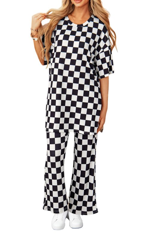 Opemiby Two Piece Sets for Women Spring 2026 Short Sleeve Top and Wide Leg Pants Matching Set Ribbed Summer Vacation Outfits Black XL