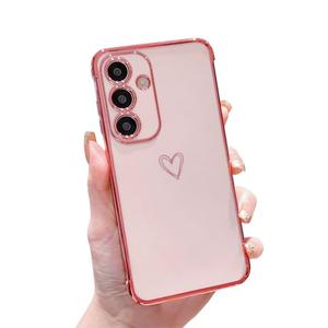 DEFBSC Compatible with Samsung Galaxy S24/S25 Case with Gold Heart, Luxury Plating Edge Bumper Cute Case with Full Camera Protection for Women Girls, Anti-Scratch Shockproof Phone Cover, Pink