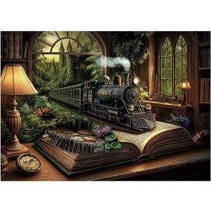 Train Fantasy Forest Puzzle 1000 Pieces for Adults, Magic Book Vintage Castle Jigsaw Puzzles, Nature Plant Tree Bookshelf Puzzles