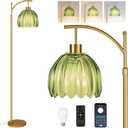 QIYIZM Green Floor Lamp for Living Room,Bedroom,Gold Dimmable Standing Lamp with Remote,Mid Century Modern Brass Tall Lamp Boho Floor Lamps Arc Stained Glass Flower Light Bohemian