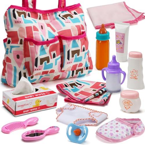 14 Pack Baby Doll Accessories, Baby Doll Feeding and Caring Set Includes Diaper Bag, Doll Diapers, Magic Bottle, Changing Mat for Girl Toddler Kid, Babies Pretend Play Set for Birthday Gift Christmas