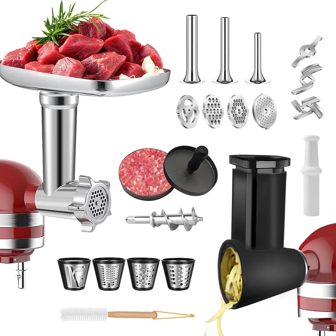 2 Set Meat Grinder & Cheese Grater Attachment for KitchenAid Stand Mixer, with 4 Grinding Plates, 3 Metal Sausage Stuffer Tubes, 4 Slicer Shredder Attachment, Burger Press and 3 Blades