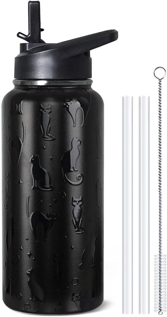 32 oz Halloween Tumbler 3d-Printed Black Cat Tumblers Insulated Water Bottle with Straws and Flip Lid Stainless Steel Goth Cup Spooky Gifts for Men Women