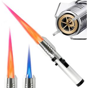 Camping Torch Lighter, Bright Fire Windproof Butane Refillable Straight Flame Lighter with Safety Lock and Adjustable Red Blue Flame for Outdoor Campfires BBQ Baking Kitchen Candles (Silver)