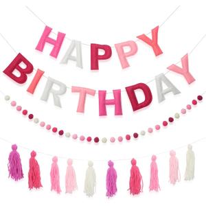 Pre-Strung Happy Birthday Banner Felt Ball Garland Banner Sign for Pink Birthday Party Decorations Mermaid Party Decor