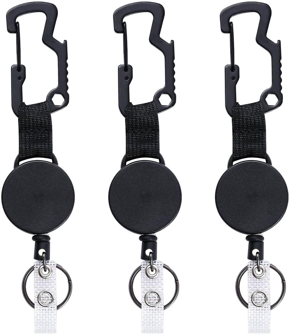DELSWIN Retractable Badge Holders Clip, 3 Pack Heavy Duty Retractable Keychain with Multitool Carabiner, Tactical Badge Reels Key Chain with 25 Inches Steel Cord