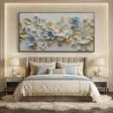 Blue Gold Floral Wall Art 57X28in Elegant Flower Canvas Print with Wood Tone Frame, Modern Gold Leaf Floral Framed Wall Decor for Living Room Bedroom Office, 58"L x 28"W