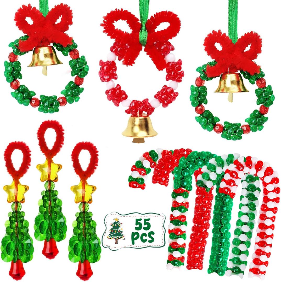 Christmas Crafts for Adults, Kids,55 Sets Christmas Beaded Ornament Kit, Including 20 Pcs Wreath with Bell/5 Pcs Tree/30 Pcs Candy Cane, Holiday Tree Decorations Party Supplies