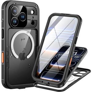 Lanhiem Magnetic for iPhone 17 Pro Case, IP68 Waterproof Dustproof Case, [Compatible with Magsafe] [Built-in Screen Protector] Full Body Heavy Duty Rugged Phone Cover 6.3 inch, Black/Clear