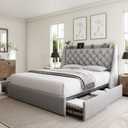 GalnFu Queen Bed Frame with 4 Storage Drawers, Giant Upholstered Wingback Headboard, Fast Charging Station, No Box Spring Needed, Noise-Free, Light Gray