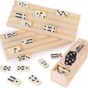 Brybelly Domino Party Set, Includes 28 Double Six Dominoes in Wooden Storage Box and 2 Domino Trays
