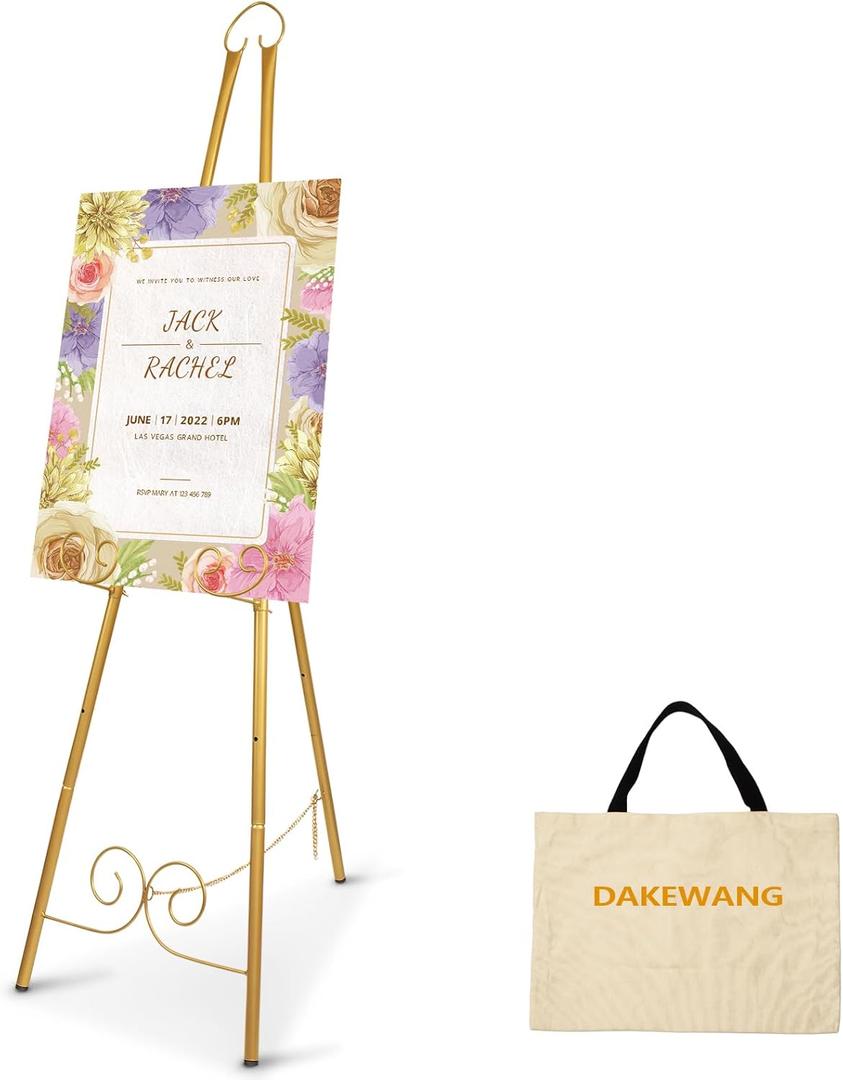 58'' Gold Easel Stand for Sign - Heavy Duty Metal Easel Display Stand for Welcome Signs, Wedding, Art, Party, Mirror, Posters, Pictures, Paintings, Floor Dcor.