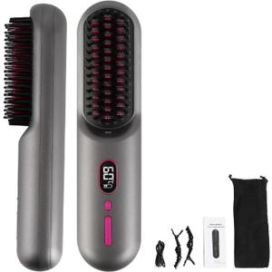 Cordless Hair Straightener Brush, Mini Portable Rechargeable Straightening Brush, Negative Ionic Hot Comb Straightener with 12 Temp Settings, Auto-Off, Led Display for Women (Grey)