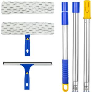 Window Washing Kit with Extension Pole, 10" Squeegee & 11" Microfiber Scrubber Combi with Stainless Steel Pole, Window Cleaner for Car, Sliding Door,Shower Glass Door-Swivel Style-2 Pads (Blue)