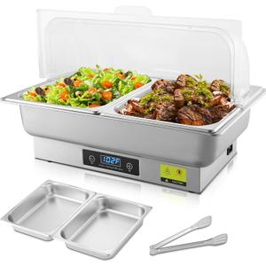 Electric Chafing Dish, 2 x 4.5QT Dual Pan Electric Chafing Dish Buffet Set with Temperature Control Display, Roll Top Electric Buffet Servers and Warmers for Catering