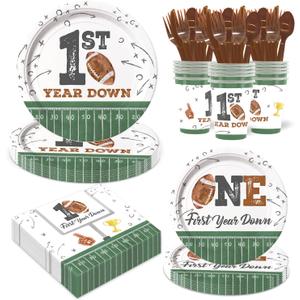 Football First Year Down Birthday Decorations, 168pcs Paper Plates Napkins Set Football Theme Dinnerware Including Plates, Napkins, Cups, Knives, Forks, Spoons for Birthday Party Supplies