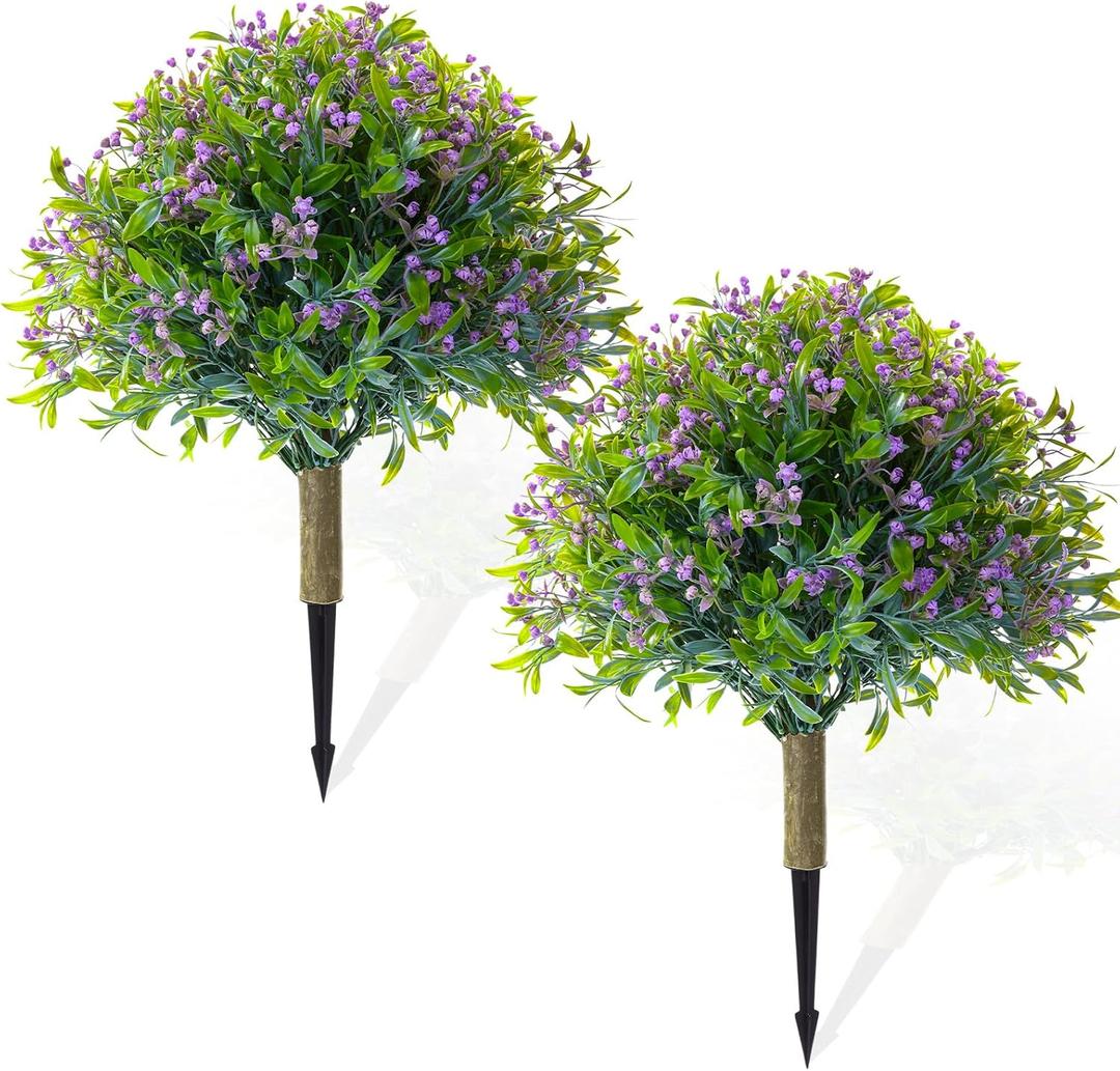 Yunlly 2 Set Artificial Boxwood Topiary Ball Tree 23.6" UV Resistant Artificial Outdoor Greenery Shrubs with Spike Topiary Ball Tree with Flower for Garden Yard Porch Patio Front Door Decor(Purple)