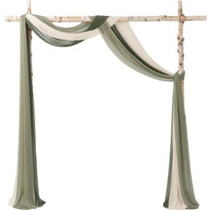 Ling's Moment Wedding Arch Draping Fabric 3 Panels 20Ft Sage Green Chiffon Fabric,Sheer Hanging Drapes Arrangement for Wedding Ceremony Backdrop Outdoors Party Swag Home Decor (White & Sage)