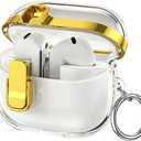 Miimall Compatible with Samsung Galaxy Buds 3/Buds 3pro/Buds3 FE Case with Secure Lock Clip, Clear Shockproof Electroplating Protective Cover for Galaxy Buds 3 / Buds3 pro/FE with Carabiner(Gold)