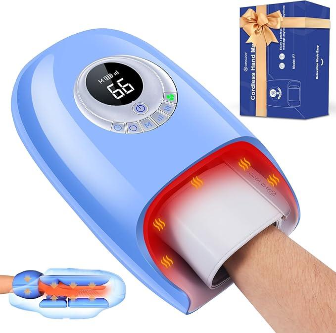 Cordless Hand Massager with Heat and Compression, 3D Kneading Hand and Wrist Massagers for Arthritis, Pain Relief and Carpal Tunnel with Fan Cooling & Heating for Finger Numbness Relief, Gifts (Blue)
