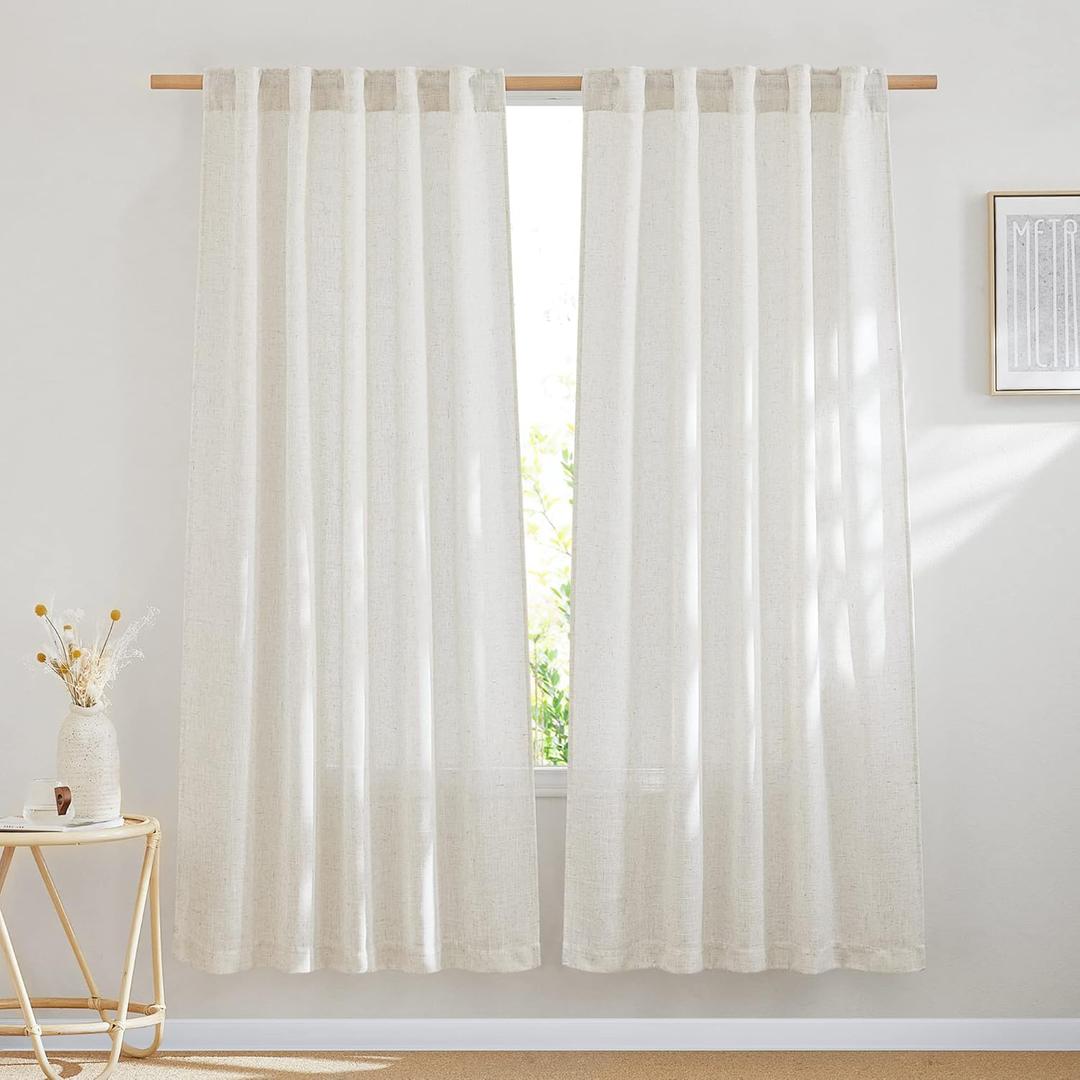 NICETOWN Natural Linen Curtains 70 inches Length, Rod Pocket & Back Tab Privacy with Light Filtering Drapes Flax Linen Blend Window Treatments for Farmhouse/Bedroom, 2 Panels, W37 x L70