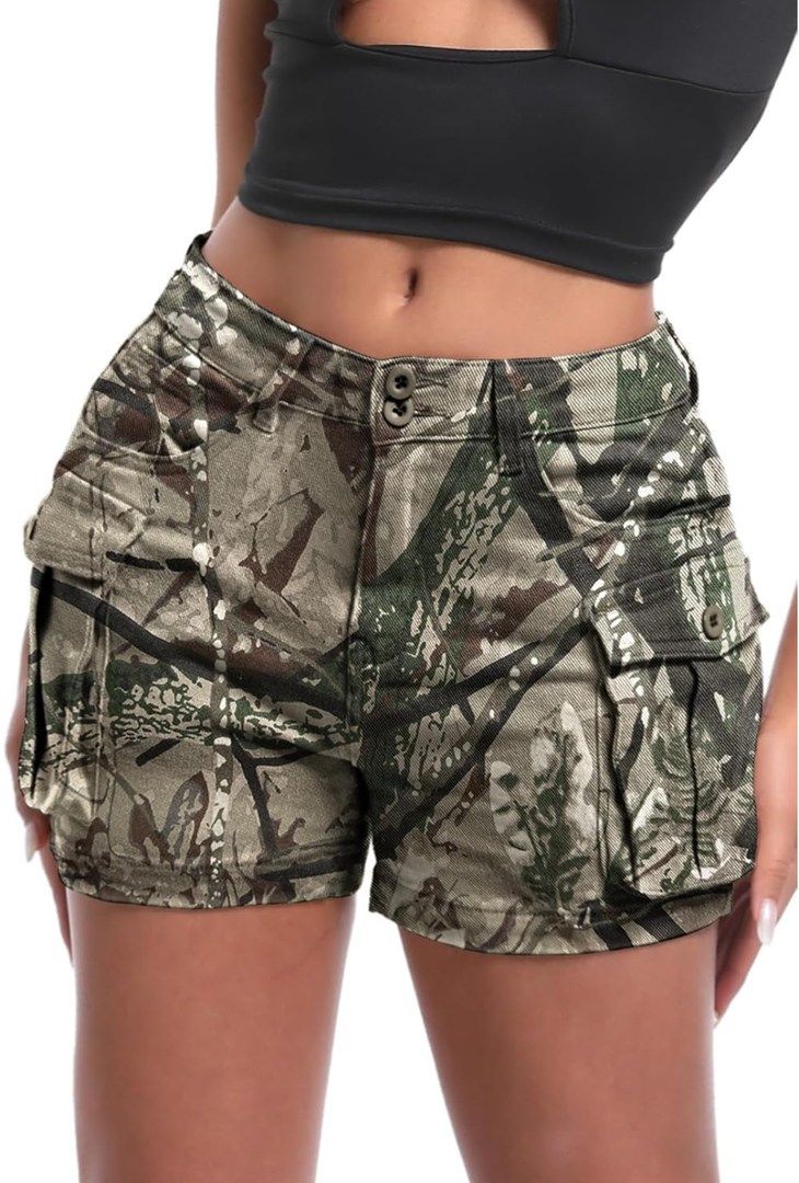 ELLEVEN Women's High-Stretch Cargo Shorts, Y2K Mini, High Waisted, Slim-Fitted Jean Shorts with Pockets L