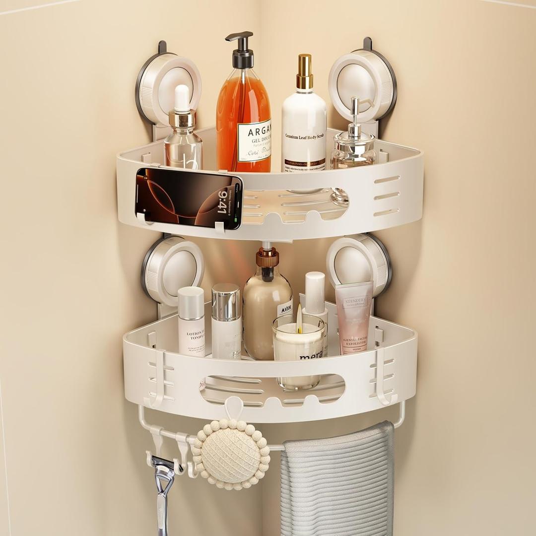 Voldra Corner Shower Caddy Suction Cup, Aluminum Corner Shower Shelves for Wall No Drilling, Large Suction Cup Shower Organizer with Towel Bar & Hooks Removable Bathroom Storage(2 Pack-Cream White)