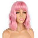 LANICE Short Bob Pink Wigs with Bangs for Women Loose Wavy Hair Shoulder Length Wigs Synthetic Colorful Wigs for Cosplay Daily PartyUse(Pink,12inch)