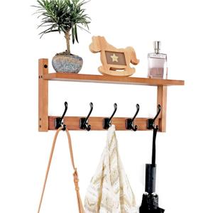 Coat Rack Wall Mount with Shelf, 17IN Wooden Coat Hanger Hooks Wall Mount with 5 Metal Hooks, Hanging Shelf with Hooks, Wood