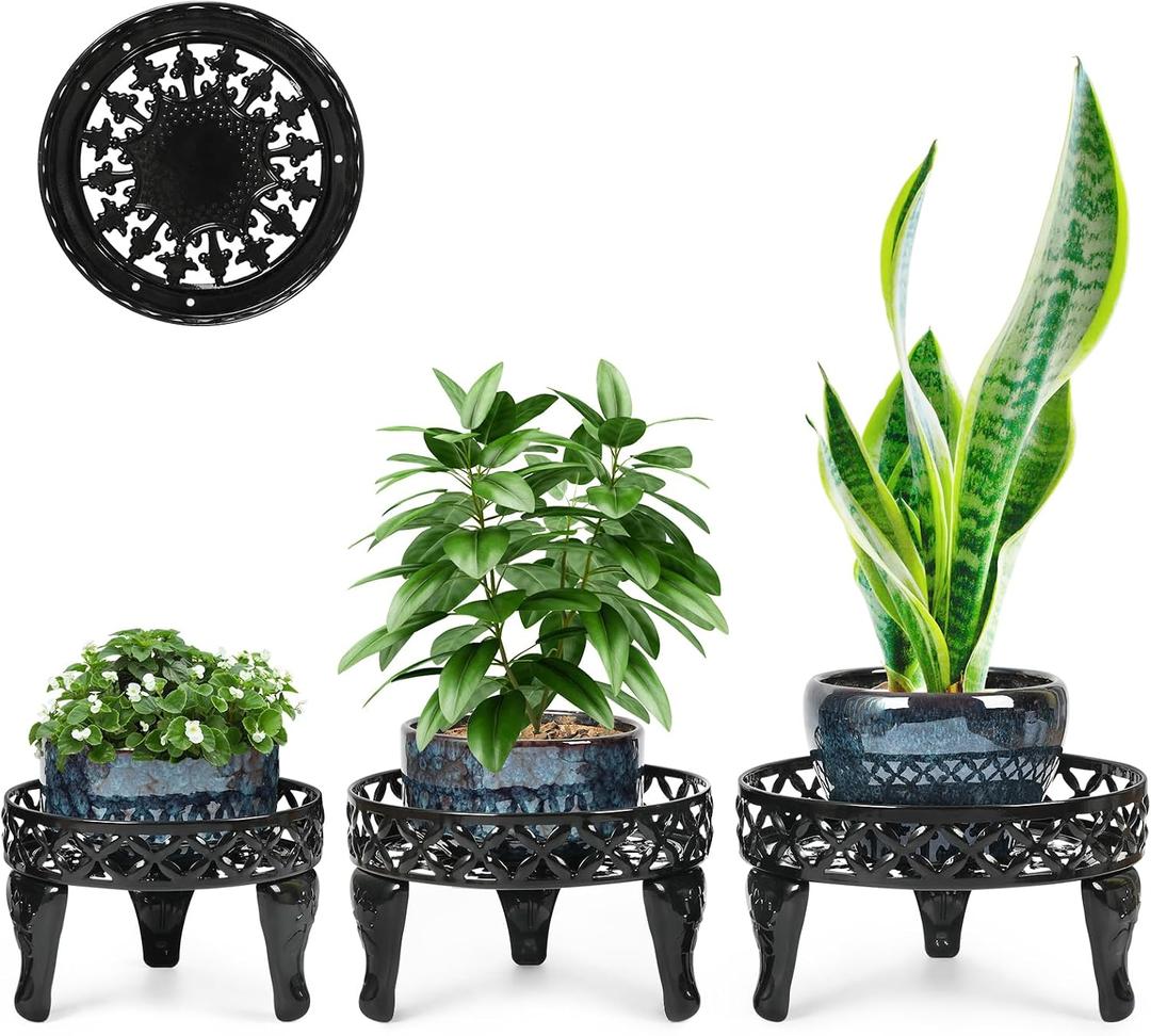 3 Pack Metal Plant Stands Indoor Outdoor, Heavy Duty Iron Flower Pot Stand for Multiple Plants, Rustproof Low Round Plant Holder for Garden, Patio, Home