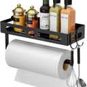 Paper Towel Holder with Shelf for Bathroom, Kitchen Paper Holder Spice Rack Paper Towel Roll Holder Wall Mounted Paper Towel Holder with 2 Hooks(2 Installation Methods - Self-Adhesive and Drilling) (Black)