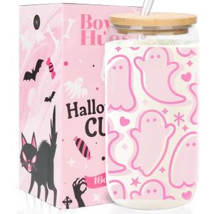 Halloween Ghost Cups - Cute Halloween Gifts Boo Basket Stuffers for Women, Teens, Kids - 16oz Glass Iced Coffee Cups w/Lids and Straws - Pink Teen Girl Gifts Trendy Stuff Party Favors