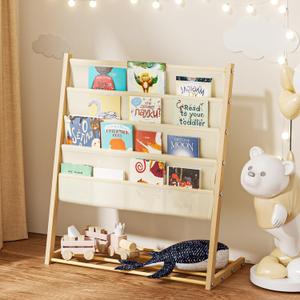 JAQ Kids Bookshelf for Small Space, 4-Tier Fabric Covered Woodgrain Metal Kid Book Shelf Rack Storage Organizer for Toddler Baby in Classroom Playroom Nursery Decor (30.71 inchYellow)