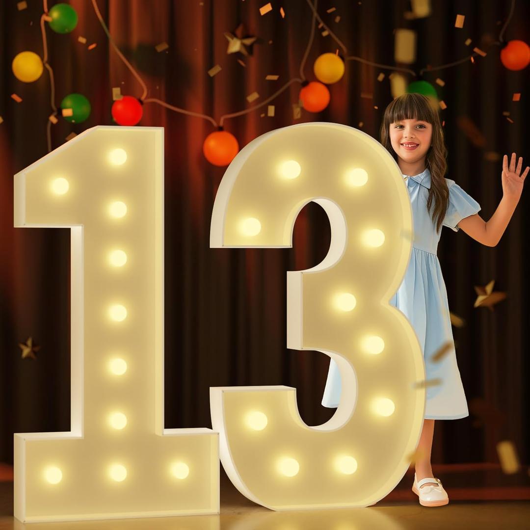 Marquee Numbers 4 Feet Tall Large Light Up Numbers 13th 13 Year Old Thirteen Birthday Decorations Girl Boy Big Yellow Light Outdoor Anniversary Decorations Balloon Arch Kit Party Backdrop 13
