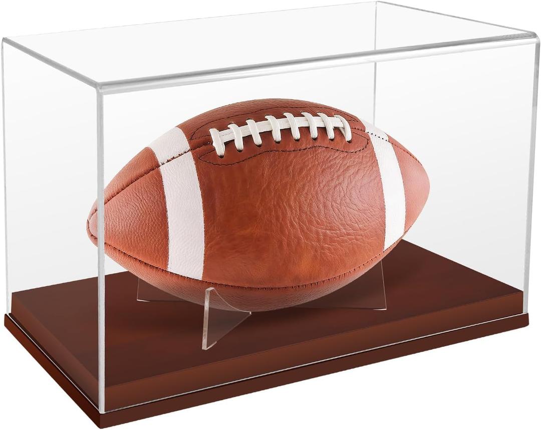 Football Display Case, Acrylic Football Display Box with Wooden Base, UV Protection Clear Case for Official Size Footballs, Sports Memorabilia Display Case