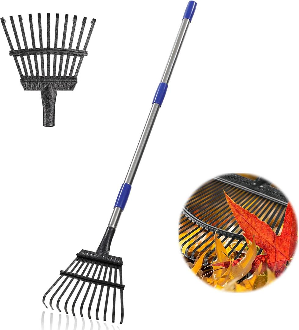 Garden Rake -Small Leaves Rakes for Gardening - 11 Metal Tines 8.5" Wide - 78" Long Handle Leaf Rakes for Lawns Heavy Duty for Yard Lawn Shrub Garden Beds (11tine, silver)