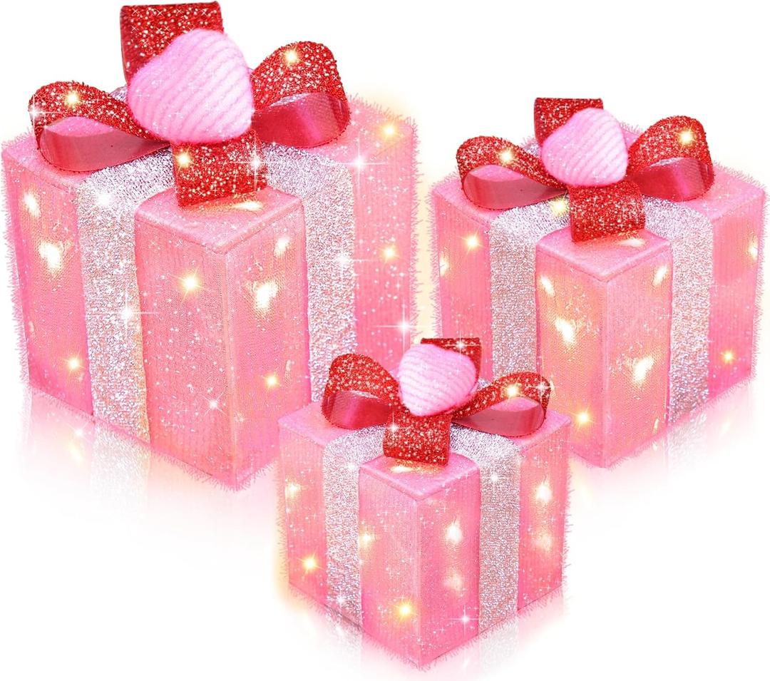 Timer & 8 Mode 3 Pack Valentines Decorations Pink Valentines Lighted Gift Boxes with Hearts Red Glitter Bow 60 LED Battery Operated Present Box Pink Decor for Indoor Outdoor Xmas Wedding Christmas
