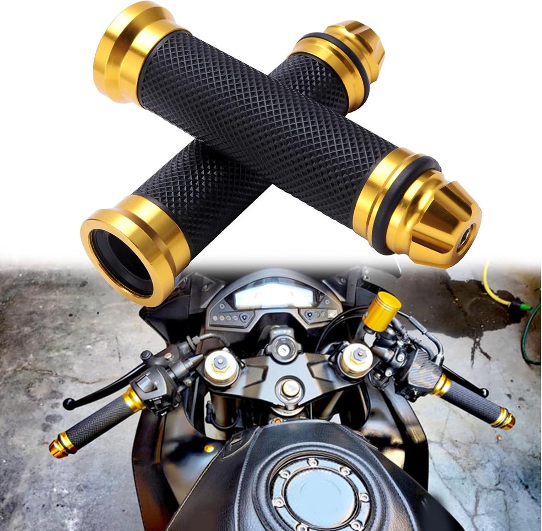 Universal 7/8" 22mm Motorcycle Handlebar Grips - Gel Rubber Compatible with Chopper, Cruiser, Street, Dirt Bike (Gold)