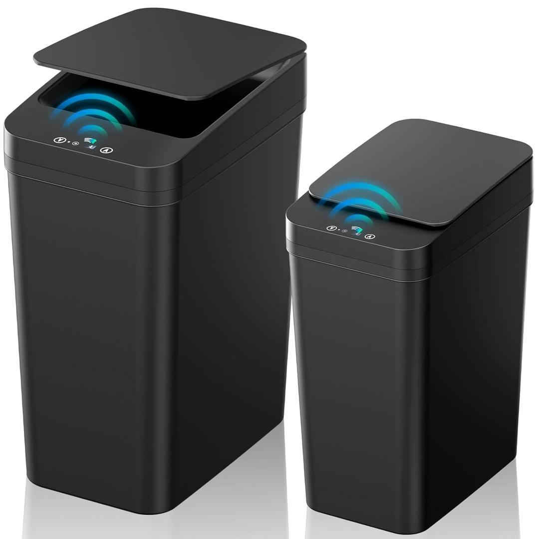 Bathroom Can with Lid, 2 Pack 4 & 2.2 Gallon Automatic Touchless Garbage Can, Small Motion Sensor Smart Can, Slim Waterproof Bin for Bedroom, Bathroom, Office, Living Room (Black)