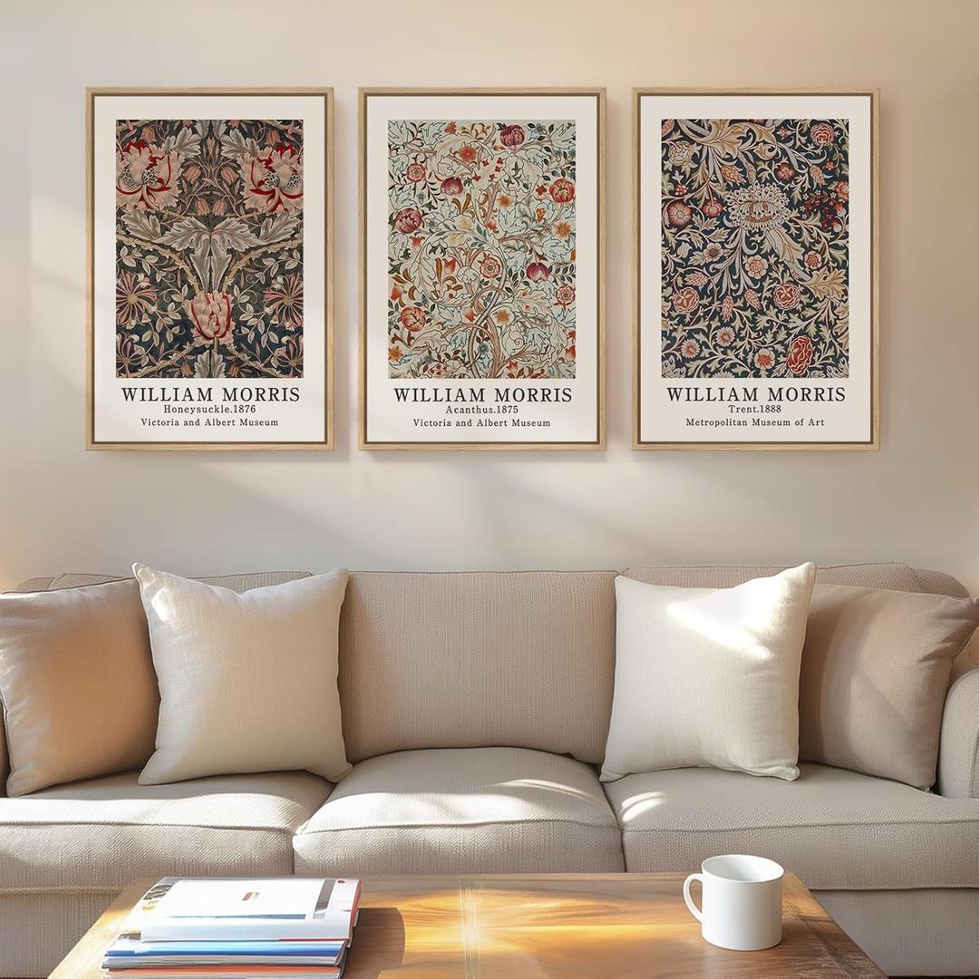Framed William Morris Canvas Wall Art Set of 3, Vintage Boho Floral Paintings Prints, Rustic Farmhouse Botanical Artwork for Living Room, Bedroom, Hallway or Office, 16x24 Inch