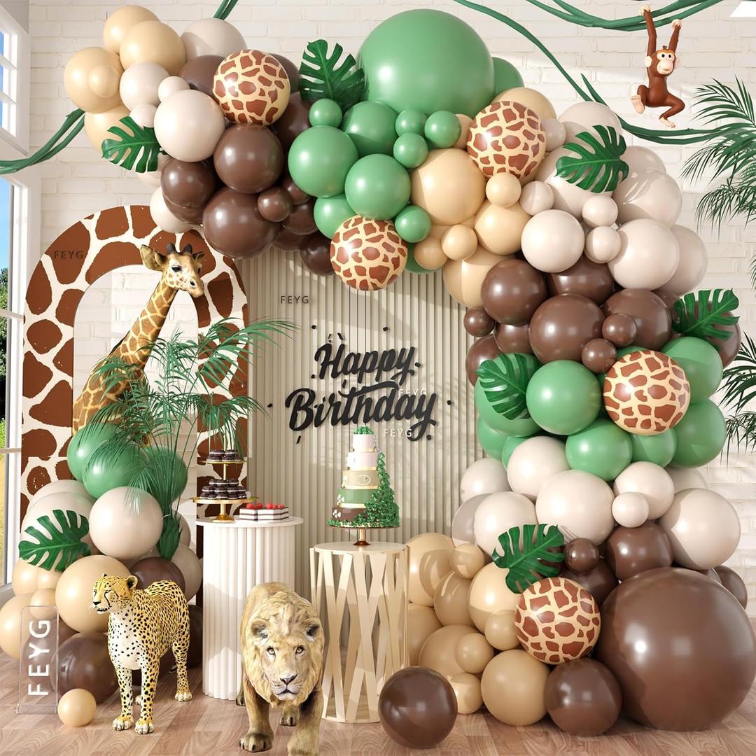 Sage Green Brown Balloon Arch Kit, 100 PCS Balloon Garland Kit with Olive Green Gold Animal Print Balloons, Nude Latex Balloons for Jungle Safari Wild Birthday Baby Shower Party Decor