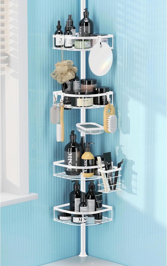 Shower Caddy Tension Pole, 4-Tier Adjustable Corner Shower Standing Caddy, Rustproof Shower Rack for Bathroom Bathtub, with 4 Shelves, No Drilling Shower Shelf for Inside Shower (White)