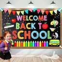 2 x Back To School Backdrop 72x44 Inch Welcome Back To School Decorations Banner First Day of School Banner with 4 Grommets Classroom Poster Bulletin Board Supplies with 19.68 Ft Rope
