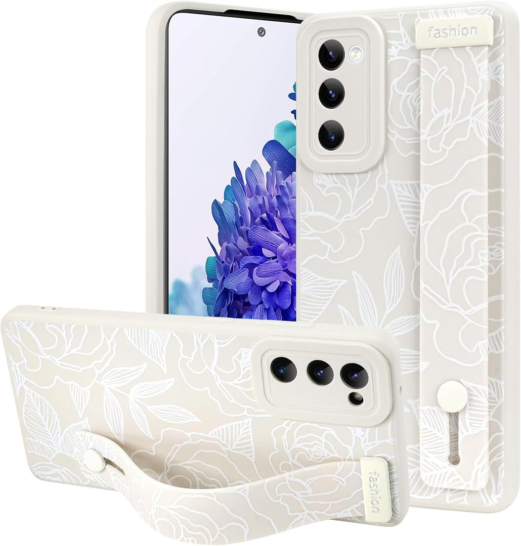 OOK Compatible with Samsung Galaxy S20FE 5G Flower Case with Wrist Strap, White Flowers Floral Silicone Shockproof Protection Slim TPU Cover with Camera Protective for Women Girls
