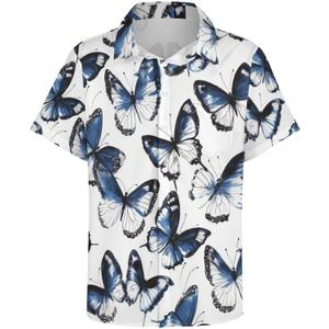 Men's Hawaiian Shirts Novel Butterfly Print Button Down Shirts Tropical Casual Beach Shirt (White, M)