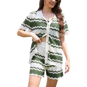 Moreone 2 Piece Lounge Set Women Short Sleeve Striped Crochet Knit Sets Two Piece Button Up Pajamas with Drawstring Shorts Matching Set Green M