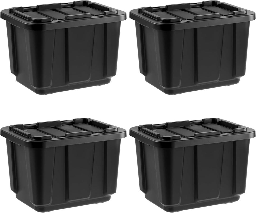 IRIS USA 12 Gallon Heavy Duty Truck Bed Toolbox Storage Tote Bins with Lids, 4 Pack - Made in USA, Tough Snap On Lockable Lid Stackable Industrial Rugged Tubs, Garage Organization Box - Black (1 bin missing, no lids)